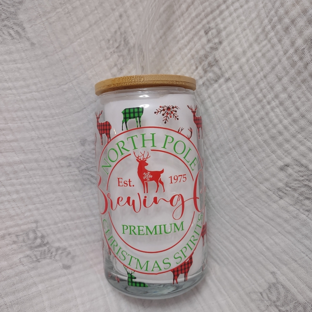 North Pole brewing glass can tumbler